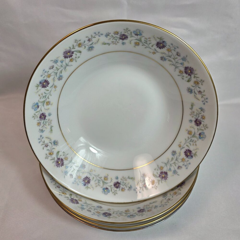 FOUR Noritake Longwood #2485 Coupe Soup Bowls Purple, Blue & Yellow Flowers